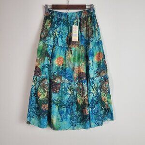 Women's Boho Chic Midi Skirt Medium Green Sequins Maximalist Artsy Floral Hippie